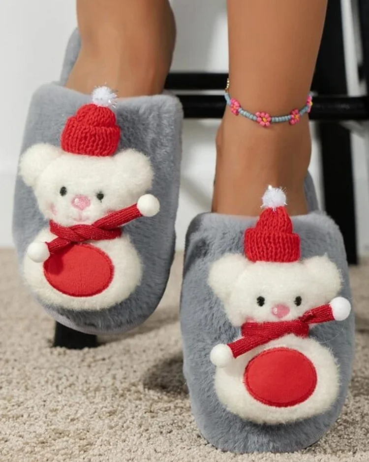 Christmas Bear Snowman Pattern Fluffy Slippers  Stunahome.com