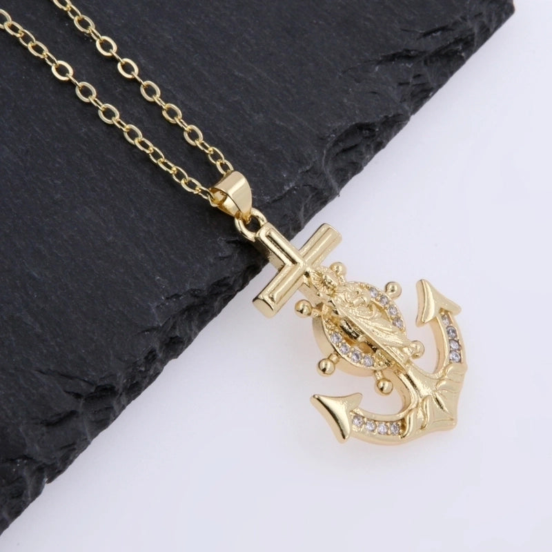 Copper 18K Gold Plated Marine Style Inlay Anchor Zircon Pendant Necklace