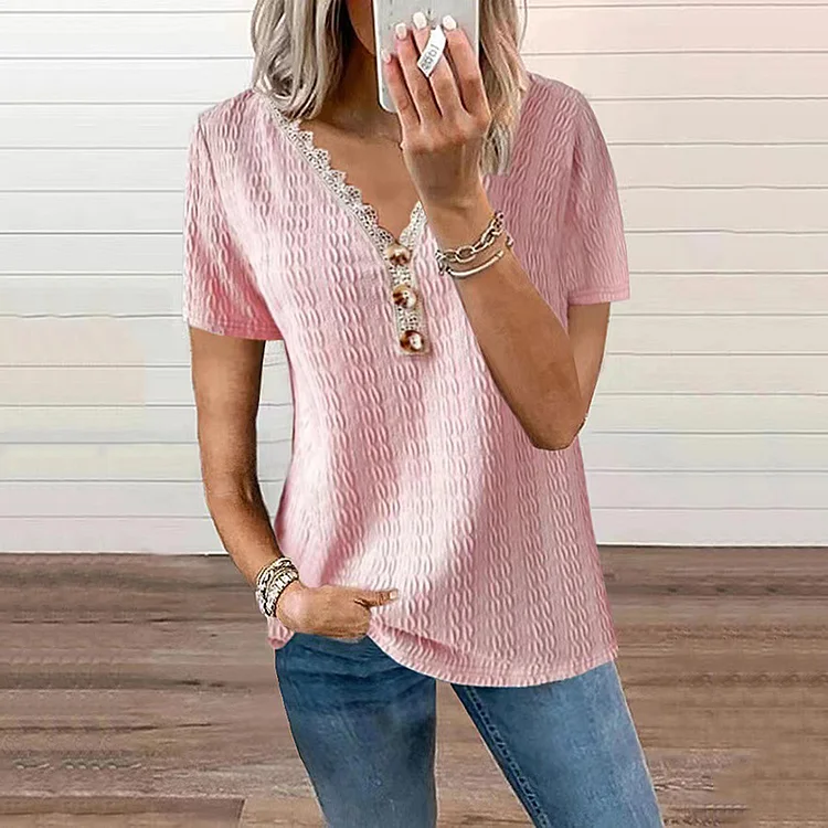 V-Neck Loose Casual Lace Button Short Sleeve T-Shirt