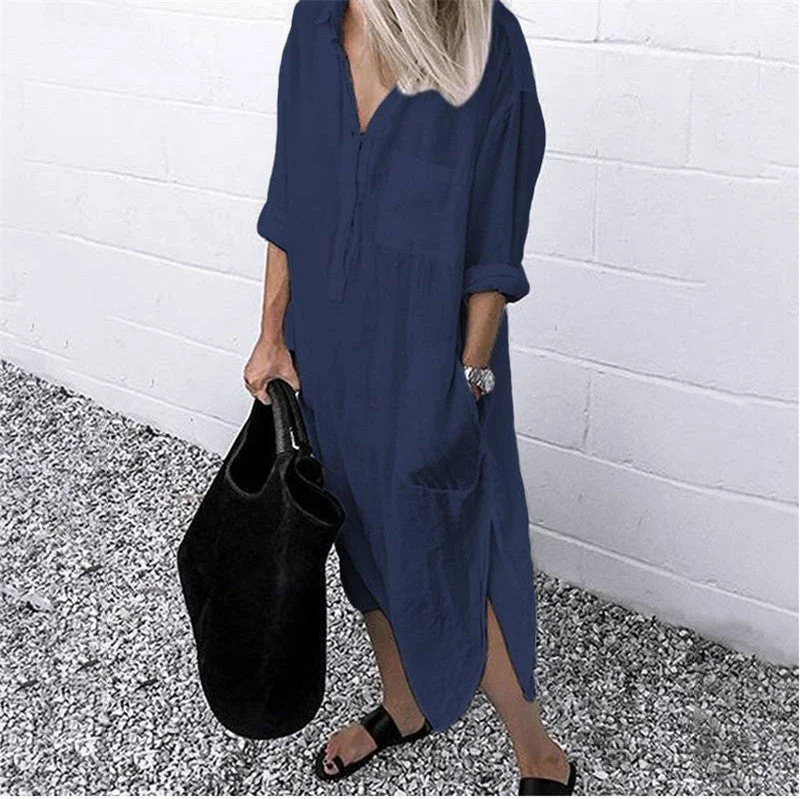 Uveng Solid Color Cotton Blend Simple Long Shirt Women's Dress