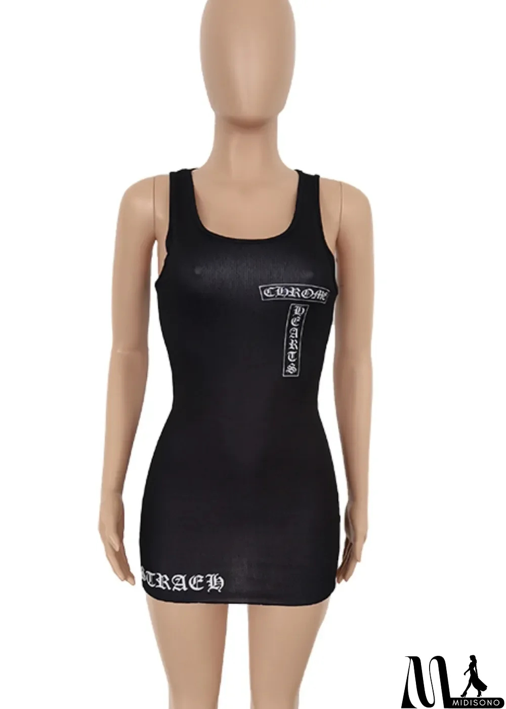 MidiSono - Women Summer Black Casual Strap Sleeveless Printed Ribbed Mini Straight Tank Dress