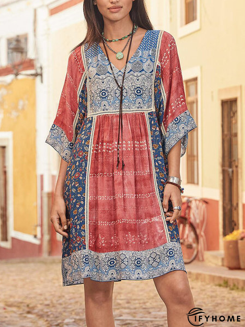 Women Half Sleeve V-Neck Vintage Floral Casual Midi Dress | IFYHOME