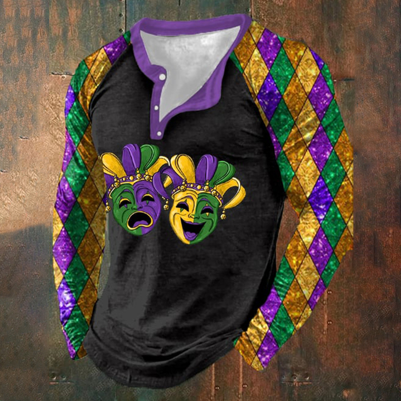 Comstylish Men'S Mardi Gras Clown Print Casual Long-Sleeve T-Shirt