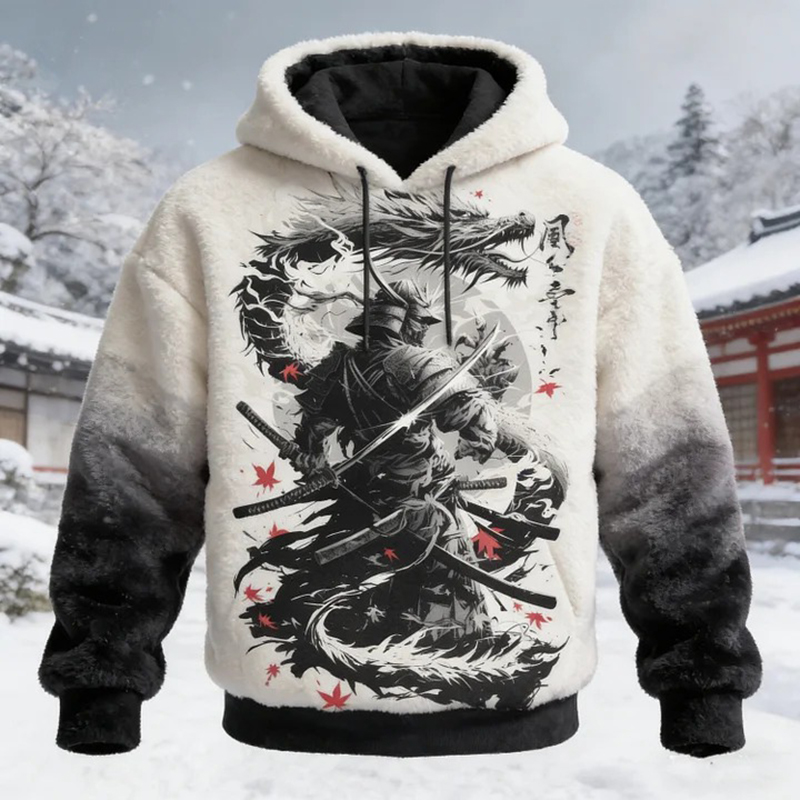 Men's Dragons And Samurai Japanese Ink Art Print Casual Flannel Hoodie  artssus