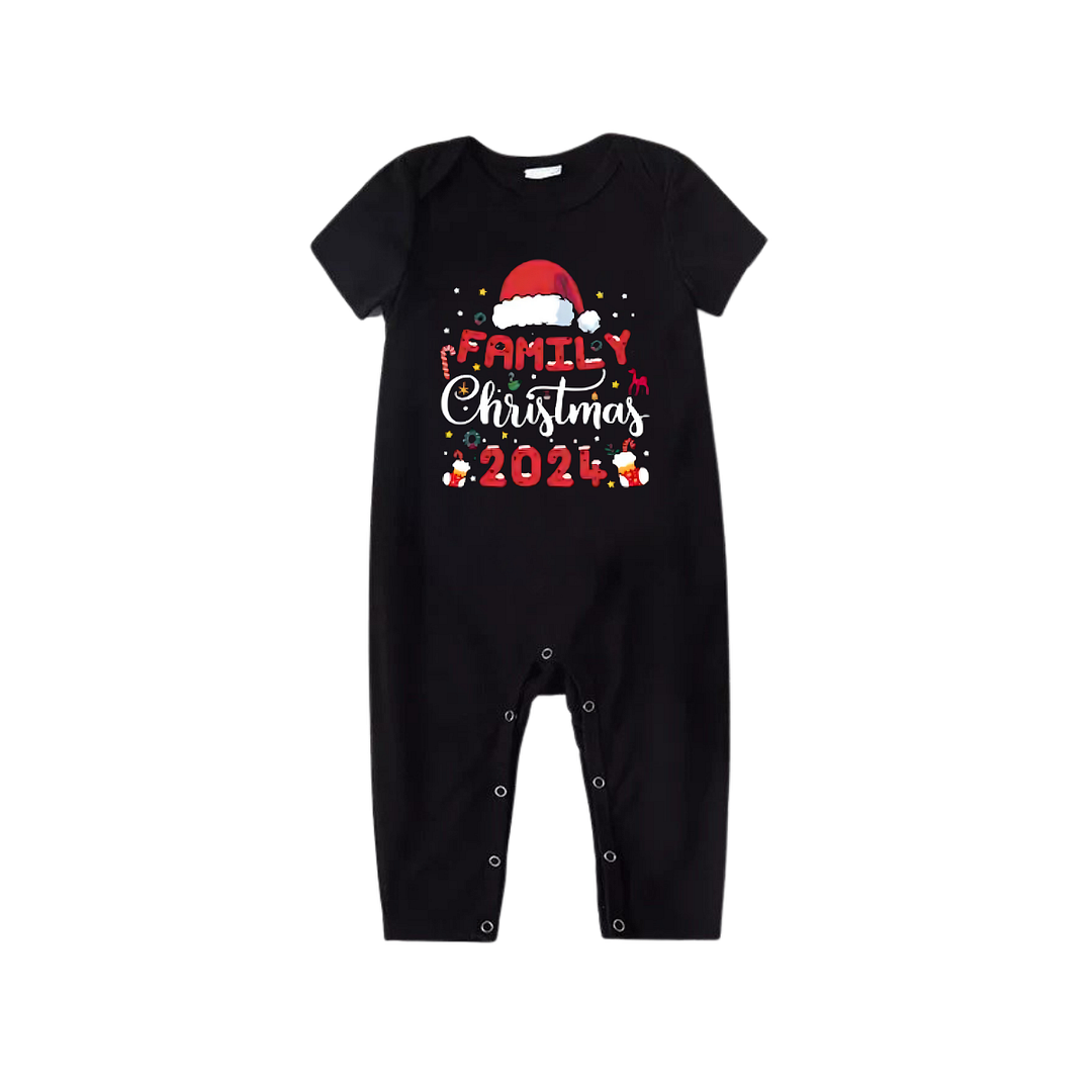 "Family Christmas 2024" with Santa Hat Pattern Ⅱ- Black Short Sleeve with Red & Black Plaid Pant Family Matching Pajamas