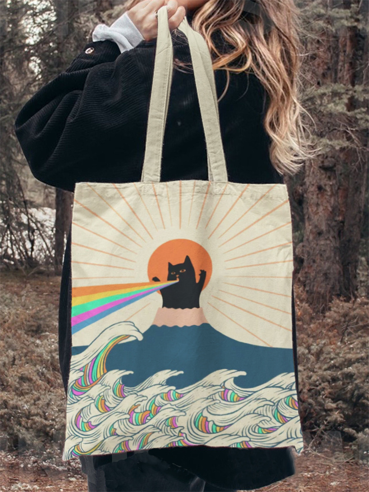 Comstylish Japanese Art Cat Print Washed Canvas Bag