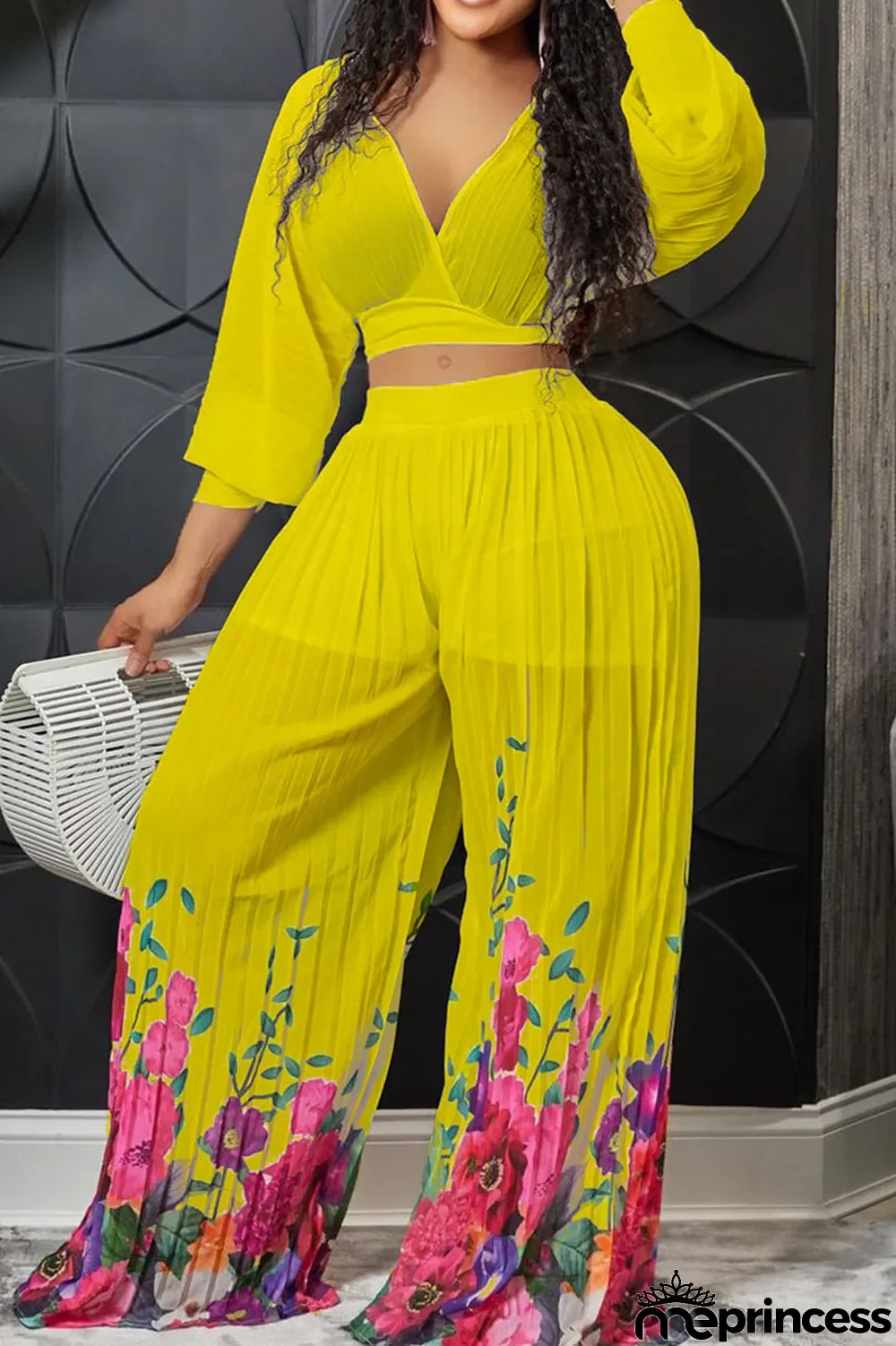 White Casual Elegant Print Patchwork Fold V Neck Long Sleeve Two Pieces