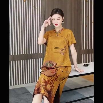 Green Cozy Silk Cheongsam Dress Stand Collar Side Open Short Sleeve