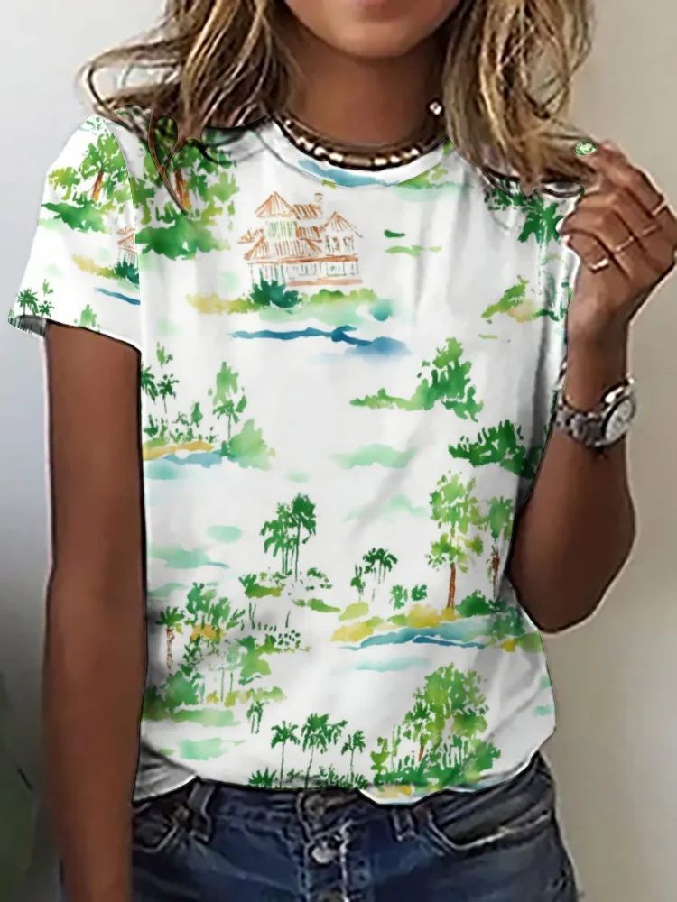 Printed Short Sleeve Casual T-shirt for  Women and Men Unisex Pattern Tropical, Summer, Green