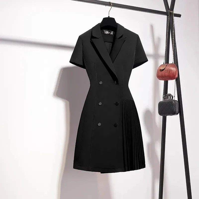 Size oL business wear suit dress female size black dress summer new style Korean double-breasted design sense mini pleated dress