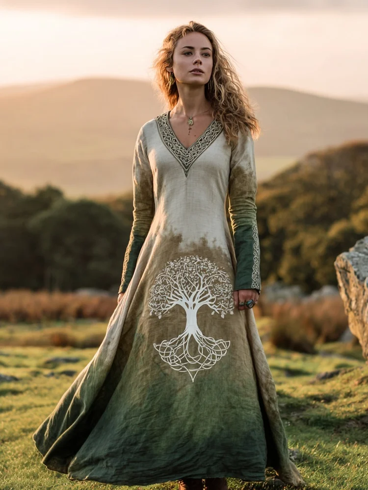 Vintage Viking Tree Of Life Pattern V Neck Linen Maxi Dress