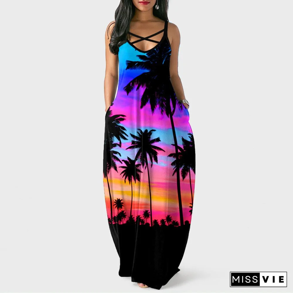 Women Summer Sexy Floral Print Pockets Spaghetti Strap V-Neck Loose Club Party Long Maxi Dresses