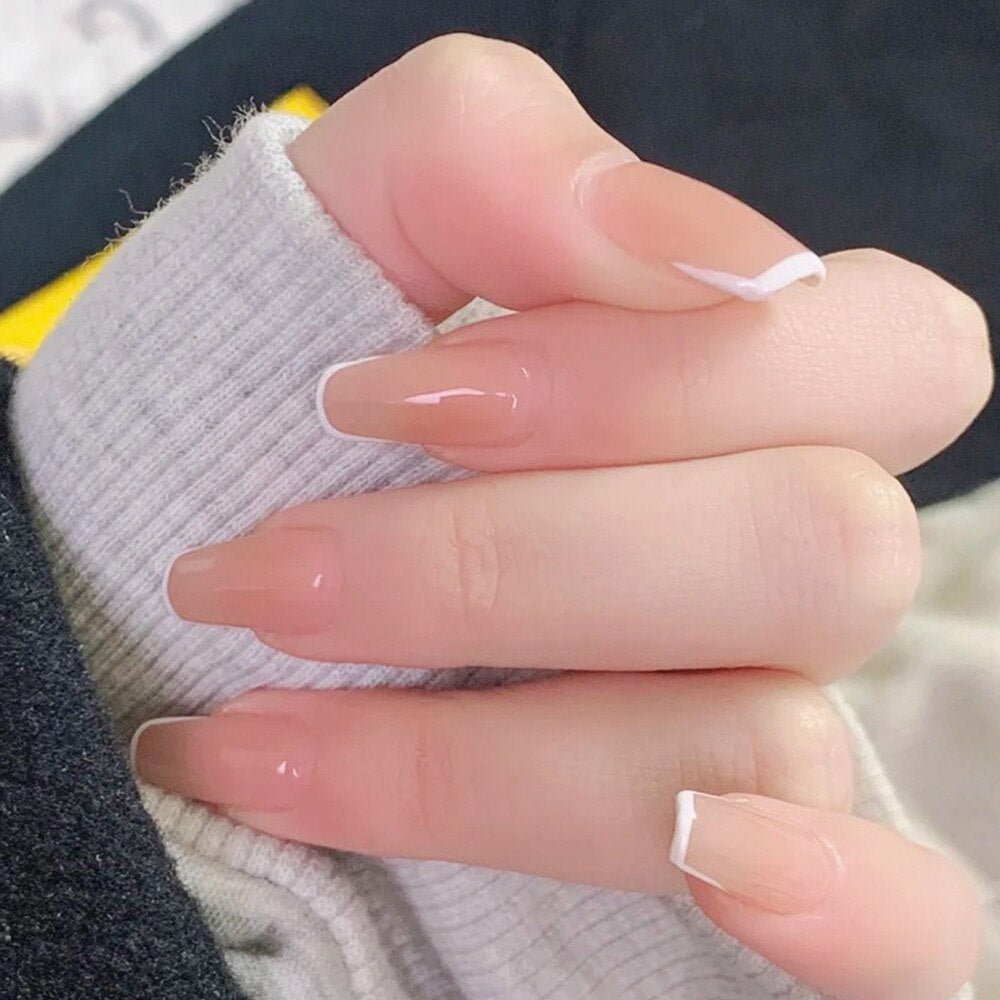 24pcs Glossy White edge French Press on False Nails Mid Long Coffin Ballerina Shape UV Gel Nude Solid color Fake Nails with glue