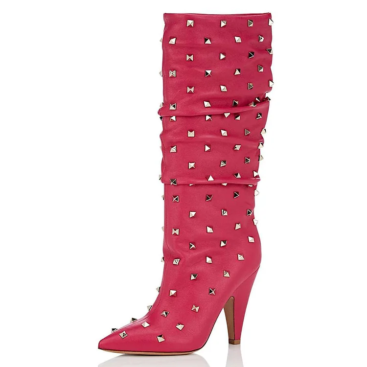 FSJ Hot Pink Rock Studs Pointed Toe Cone Heel Slouch Boots for Women |FSJ Shoes