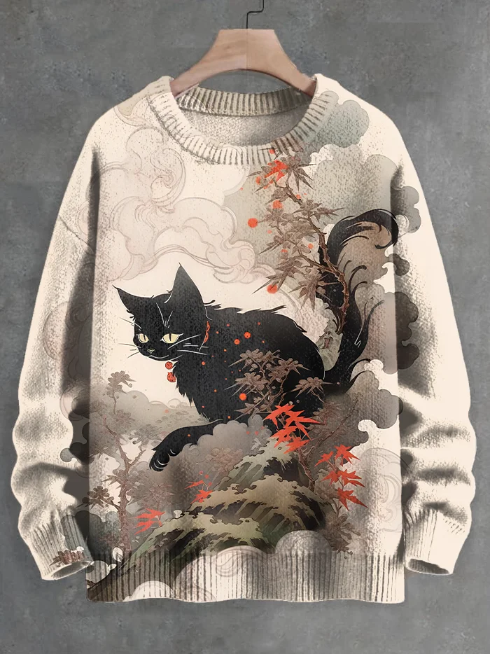 Men's Black Cat Botanical Art Print Knit Sweatshirt