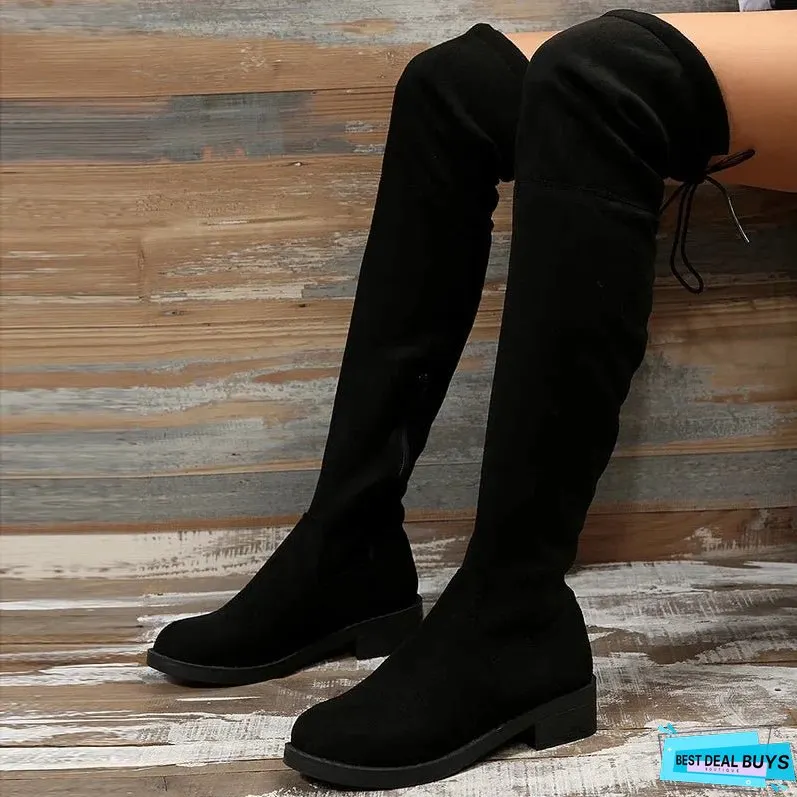 Autumn New Suede Fad Women Boots Chelsea Round Toe Over The Knee Luxury Femme Boots Low Heels Walking Gladiator Lady Shoes