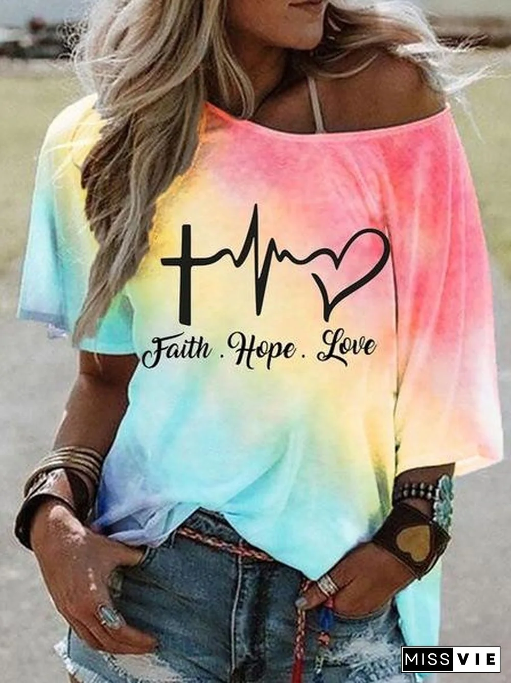 Hot-selling Stylish Tie-dye Gradient Print Short-sleeved Stiletto Off-the-shoulder Top T-shirt