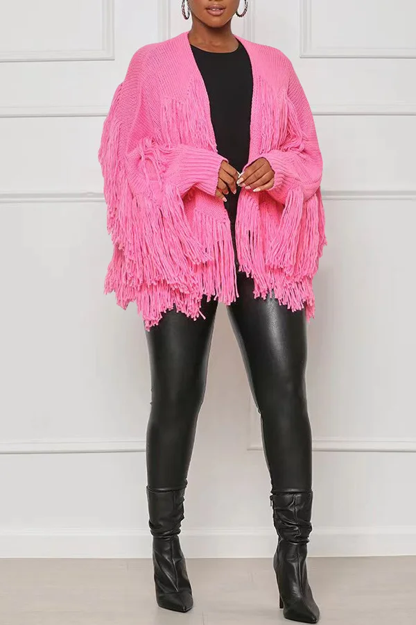 Solid Fringe Cropped Knit Cardigan