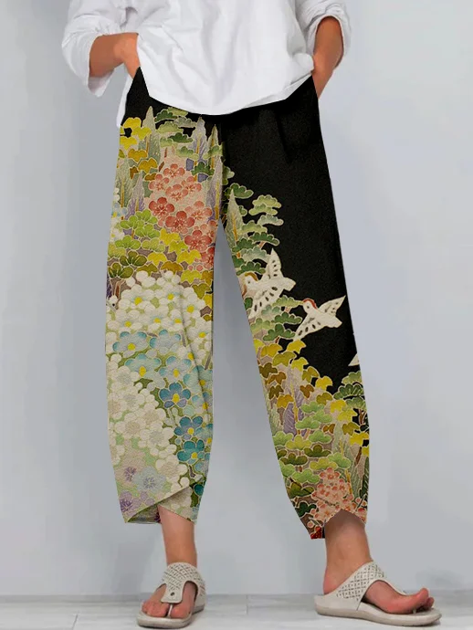 Japanese Art Painting Pattern Cropped Casual Pants
