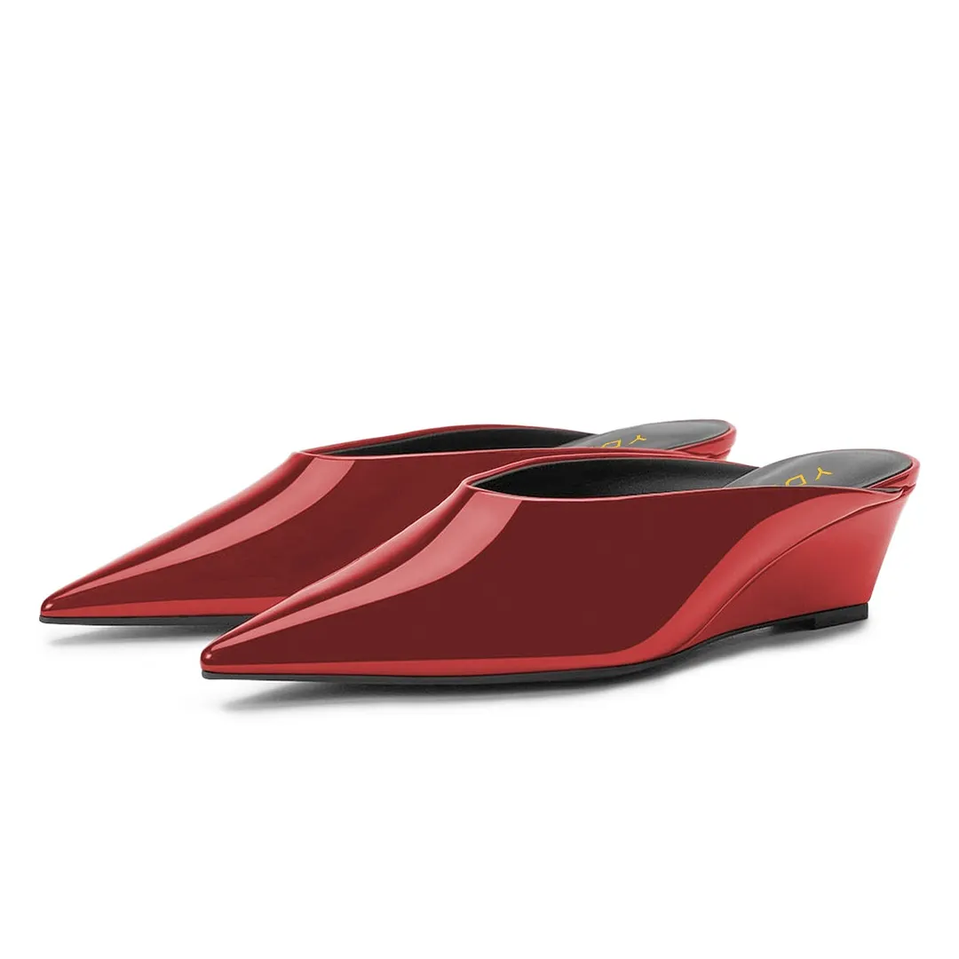 Red Patent Leather Pointed Toe Slip On Wedge Heeled Mules