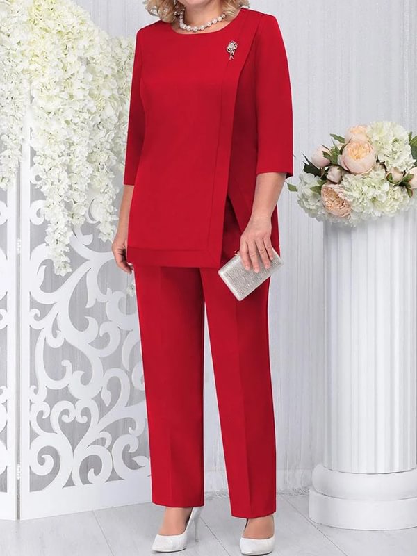 Round neck long-sleeved top and trousers with slit hem
