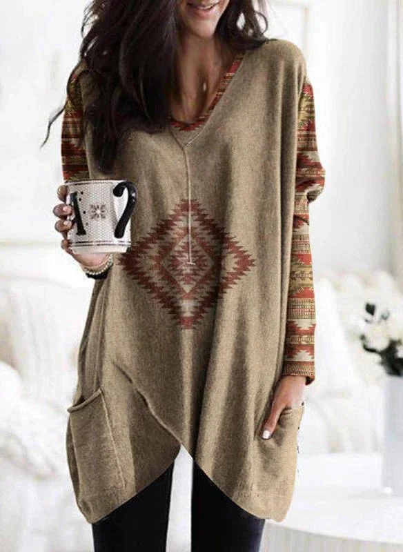 Patterned Women Long Sleeve V Neck Top