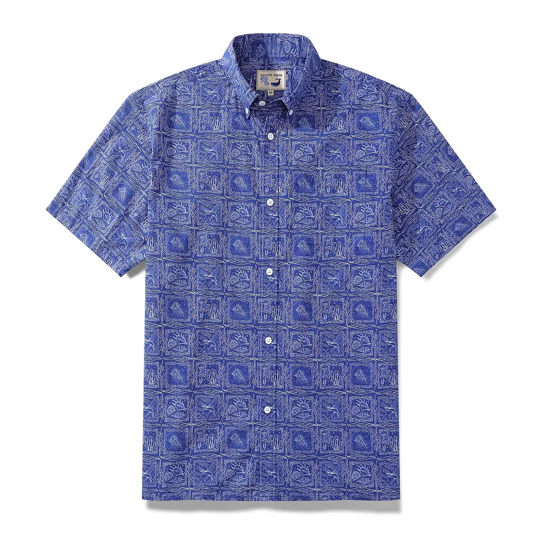 Ocean Life and Line Combination Printed Short Sleeve Hawaiian beach shirt