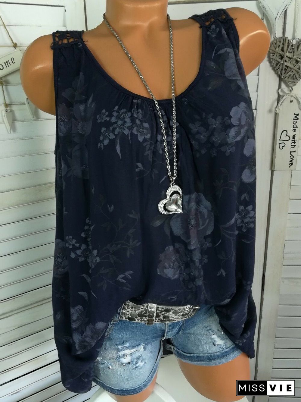 Women's Floral Printed Lace Stitching Sleeveless Tops Blouse