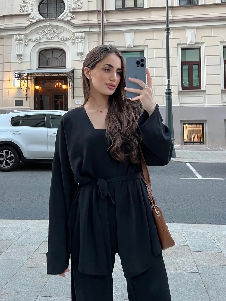 Ootddress Autumn Knit 3 Piece-Set For Women Outfits Lace-Up Vest Outwear Wide Leg Trousers Outfits Casual Solid Pleated Ladies Sets