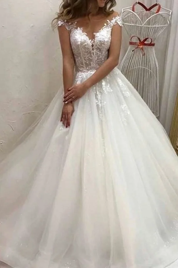 A-line Sweetheart Off-the-shoulder Train Wedding Dress With Appliques Lace Tulle