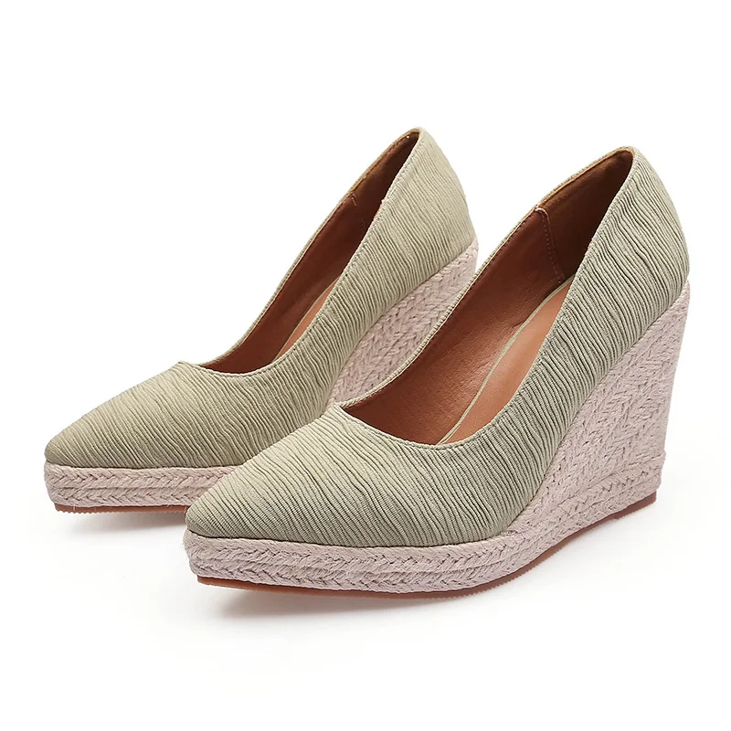 Wongn Wongn And Autumn New Slope Heel Thick Bottom Shallow Mouth Pointed Single Shoes Women Grass Hemp Rope Bottom Large Size Shoes