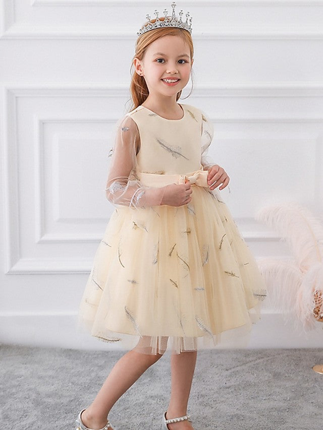 Oknass Ball Gown Long Sleeve Jewel Neck Flower Girl Dresses Tulle  With Sash  Ribbon  Bow Pattern  Print