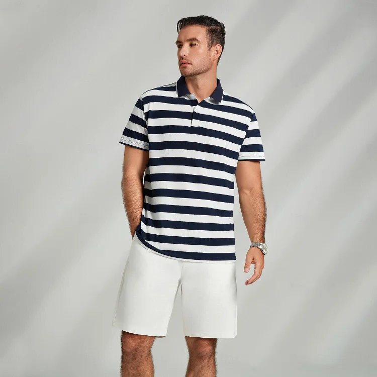 Basic Stripe Black Blue Short Sleeves Polo QueenFunky