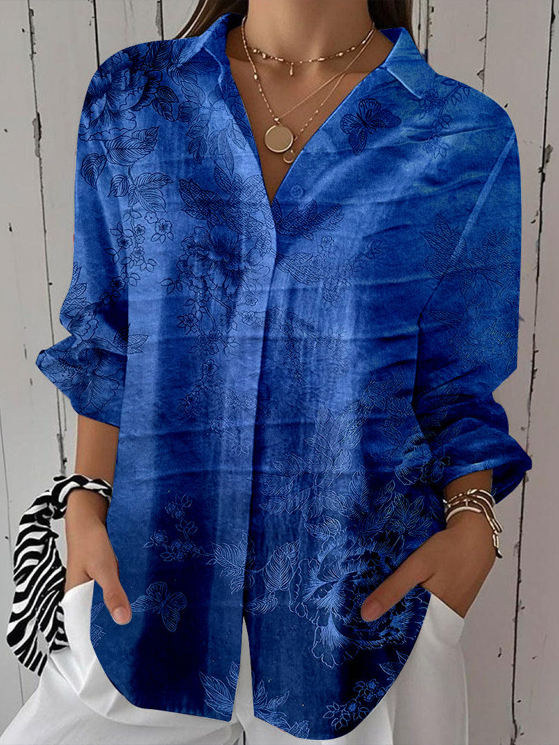 Women Long Sleeve V-neck Graphic Floral Printed Top