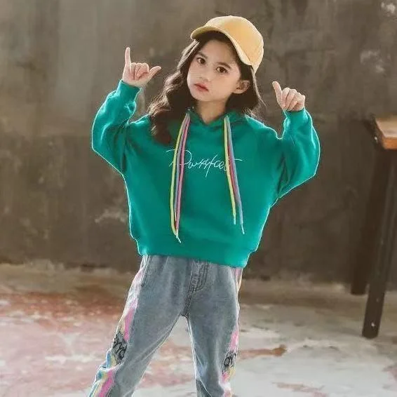New Autumn Spring Girls Clothing Suits Pullover Kids Colored Cotton Sweatshirt Tracksuit Sport Suits Outwear Jean Pants