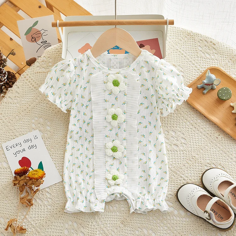 Baby Girl Floral Print and 3D Suspender Short Sleeve Romper
