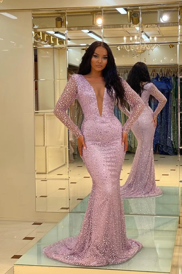 Bellasprom Long Sleeves Deep V-Neck Prom Dress Mermaid With Crystal
