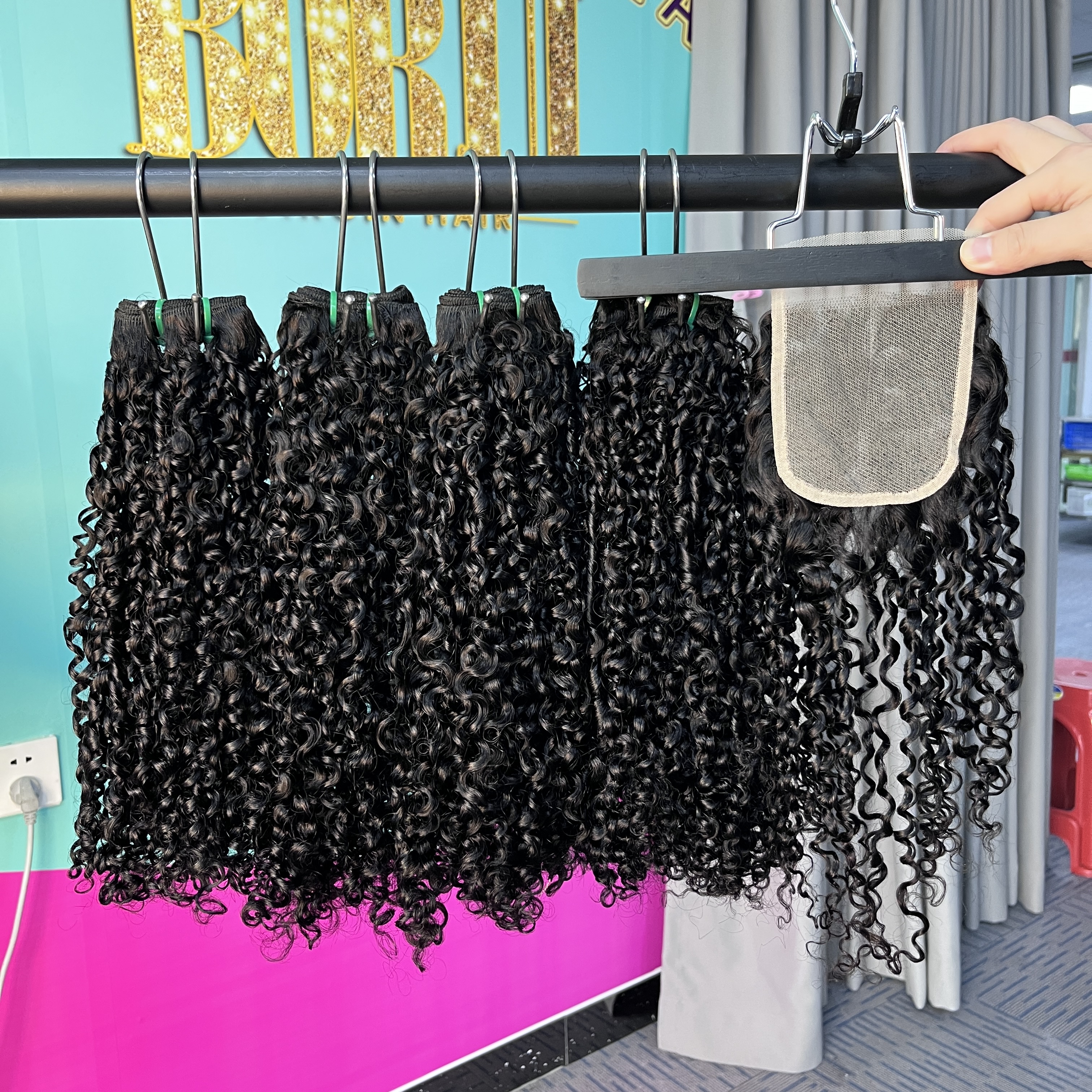 3PCS Double Drawn Pixie Curly Hair Bundles with Transparent lace Closure/Frontal 100% human hair