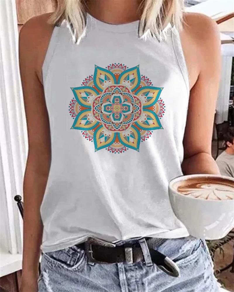 Vintage Print Halter Neck Sleeveless Tank Top