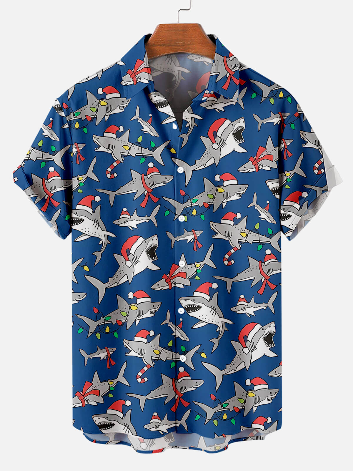 Men's Christmas Cartoon Fun Shark Floral Short Sleeve Shirt PLUSCLOTHESMAN