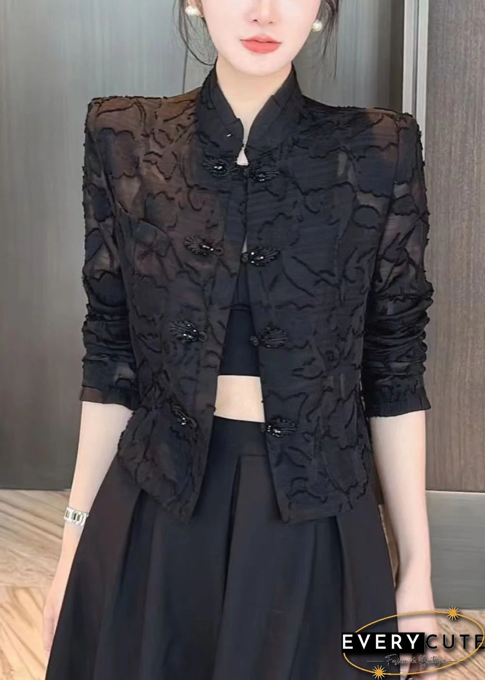 Slim Fit Black Stand Collar Embroideried Lace UPF 50+ Coats Long Sleeve