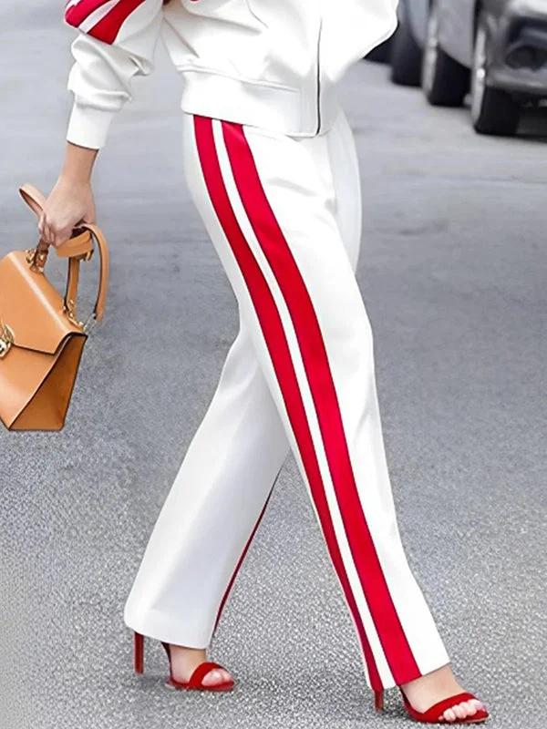 Loose Straight Leg Contrast Color Split-Joint Striped Pants Trousers
