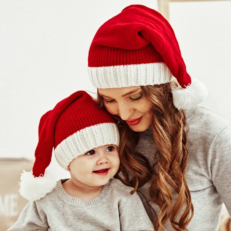 2022 Knitted Christmas Hat Cute Pompom Adult Child Soft Beanie Santa Cap New Year Party Kids Gift Navidad Natal Noel Decoration