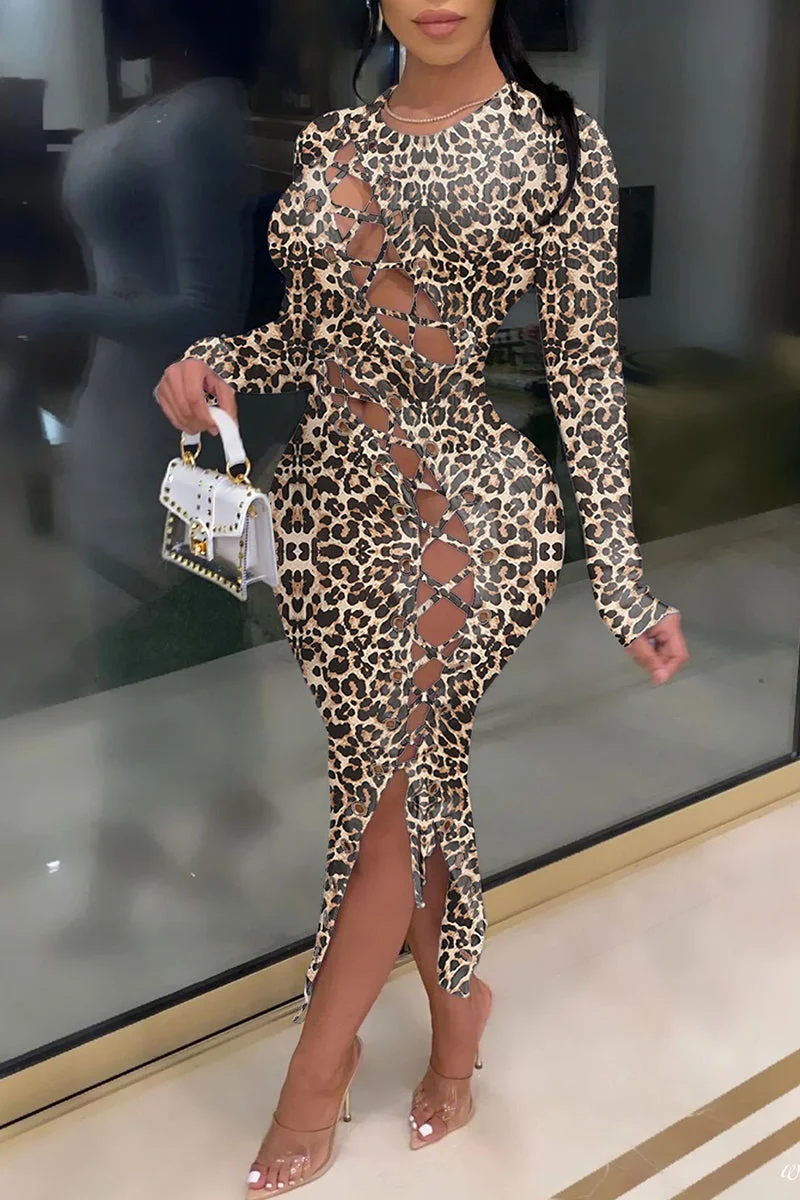 Fashion Sexy Print Leopard Bandage Hollowed Out O Neck Long Sleeve Dresses