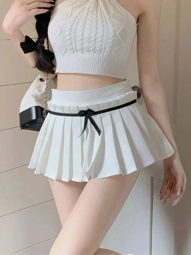 Oocharger Cute Bow White Pleated Skirt Women Kawaii High Waist Dance Skirt Sweet Preppy Style Patchwork Lady Sexy Mini A Line Skirt