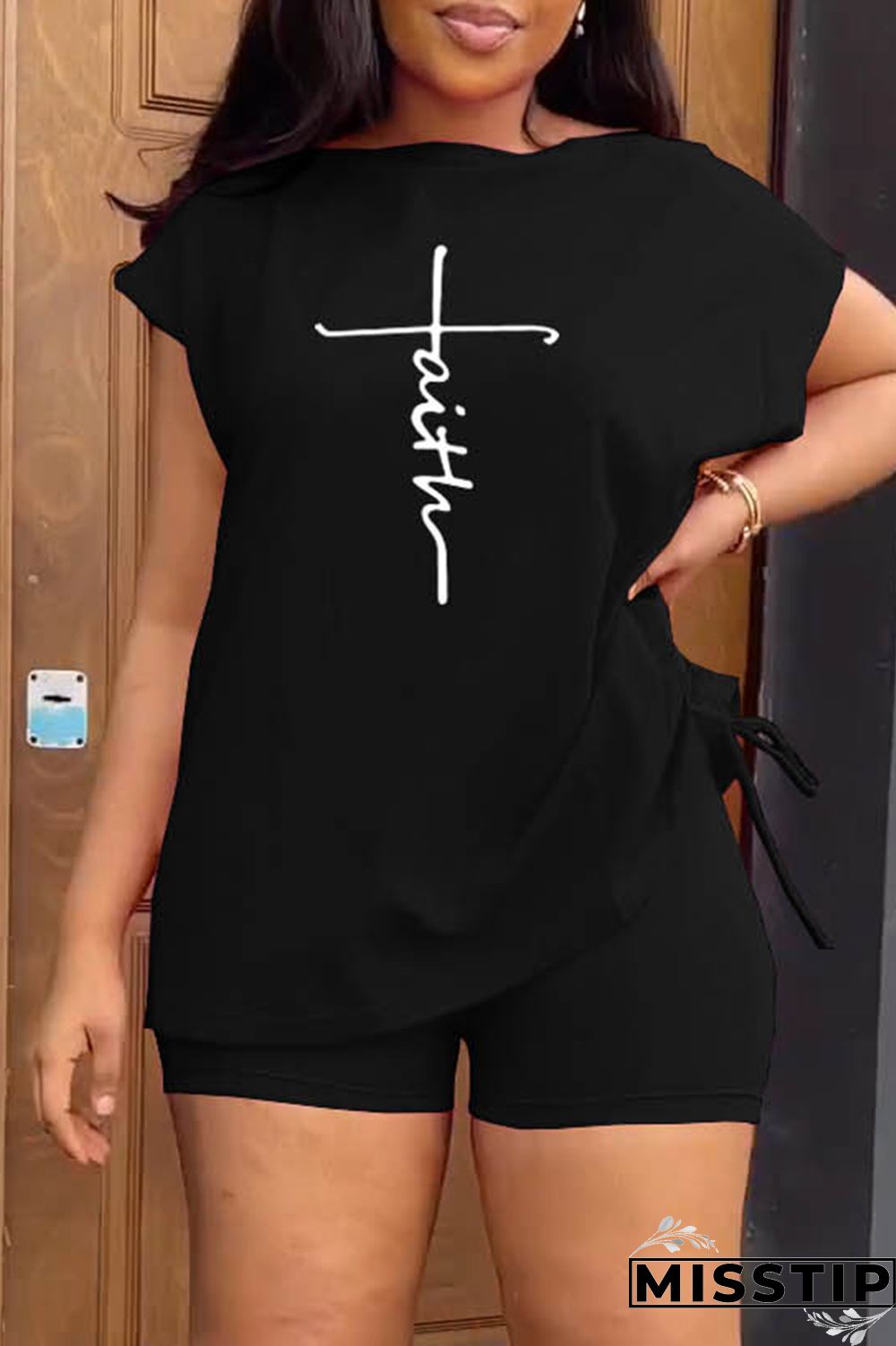 Orange White Casual Print Basic O Neck Short Sleeve Two Pieces