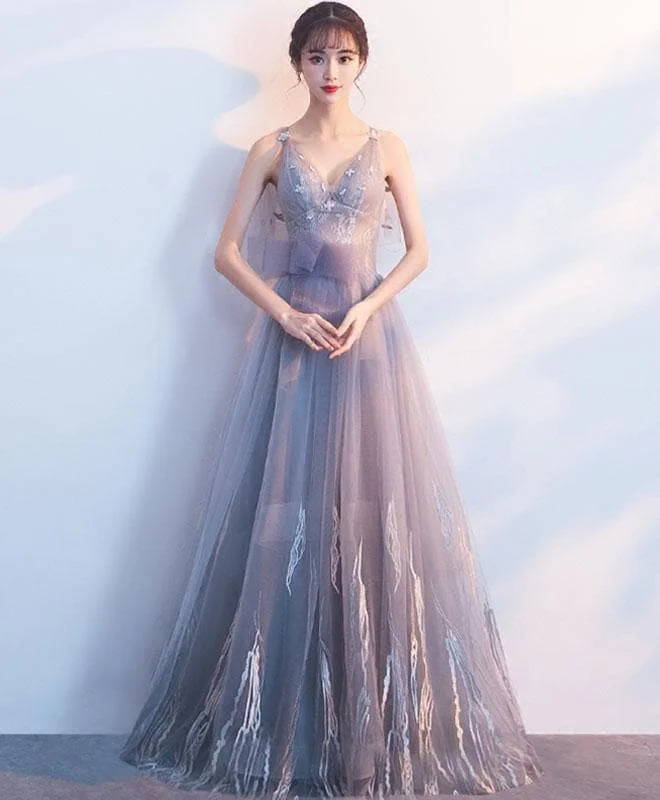 Gray Tulle Long Prom Dress, Gray Evening Dress
