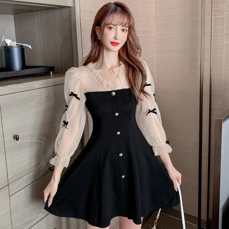 Korean Bow Mesh A-line Long Sleeve Dress SP17219