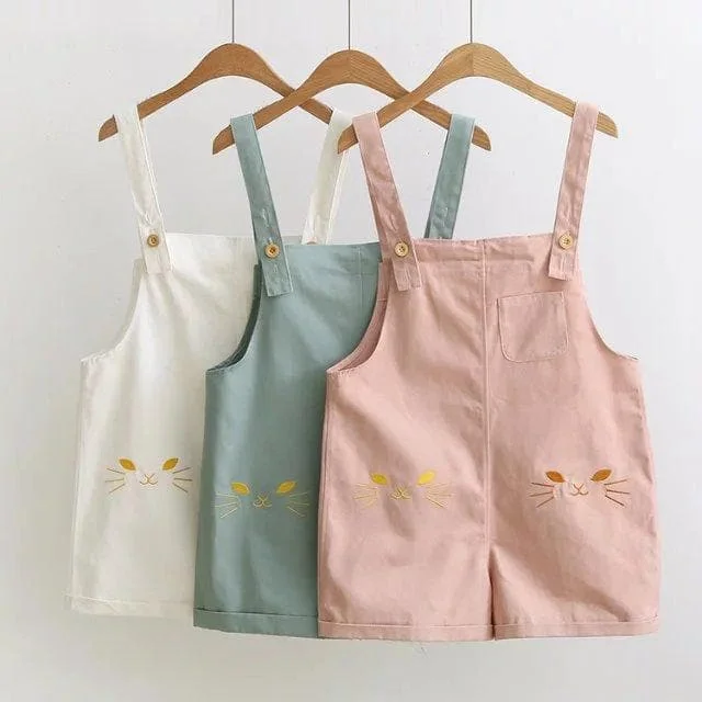 White/Pink/Blue Kawaii Cat Embroidery Suspender Shorts SP1812120