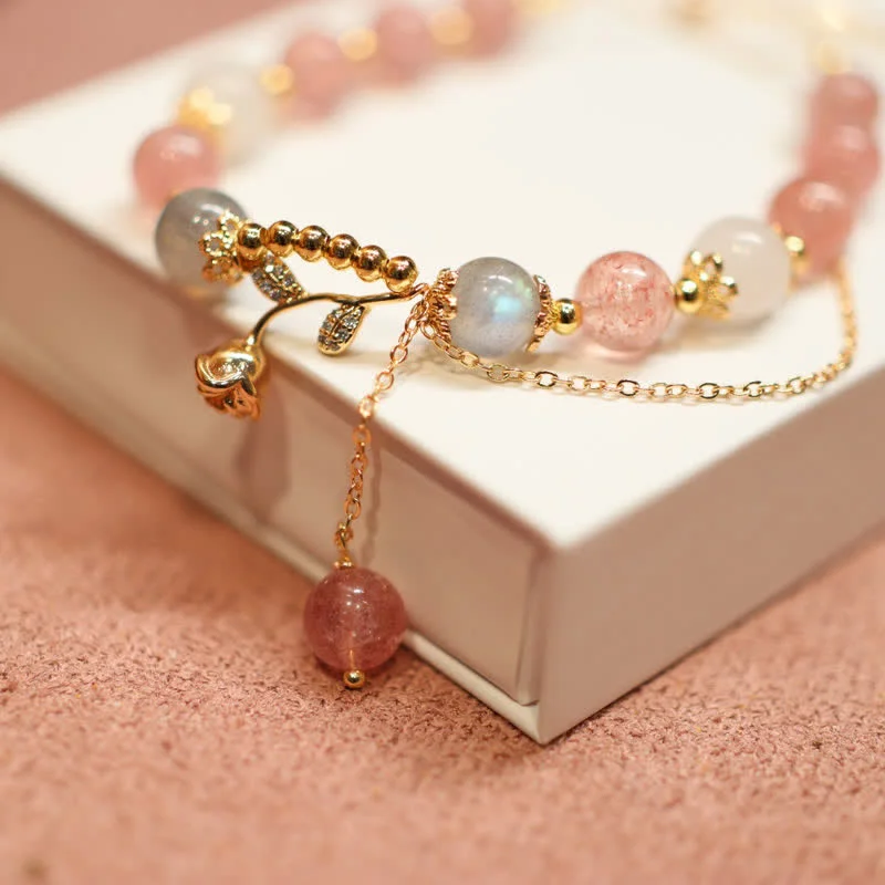 925 Sterling Silver Strawberry Quartz Year of the Rabbit Hetian Jade Moonstone Healing Bracelet